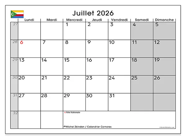 Calendrier juillet 2026 à imprimer - Comores