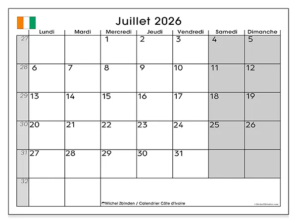 Calendrier juillet 2026 à imprimer - Côte d’Ivoire