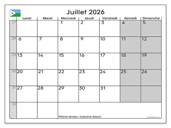 Calendrier juillet 2026 à imprimer - Djibouti