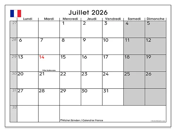 Calendrier juillet 2026 à imprimer - France