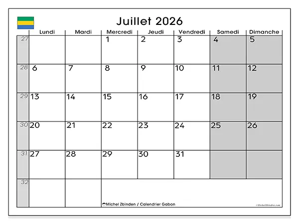 Calendrier juillet 2026 à imprimer - Gabon