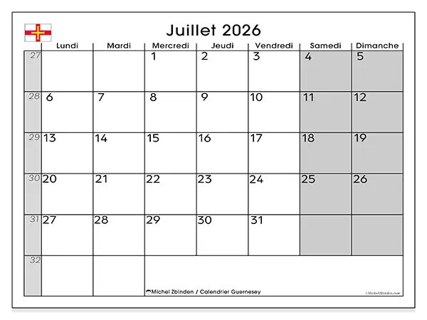 Calendrier juillet 2026 à imprimer - Guernesey
