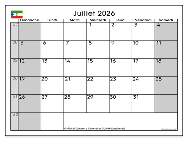 Calendrier juillet 2026 à imprimer - Guinée équatoriale