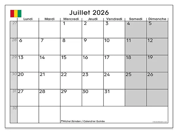 Calendrier juillet 2026 à imprimer - Guinée