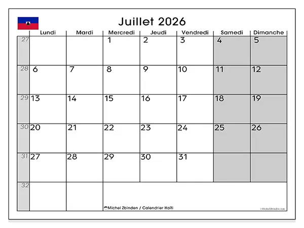 Calendrier juillet 2026 à imprimer - Haïti