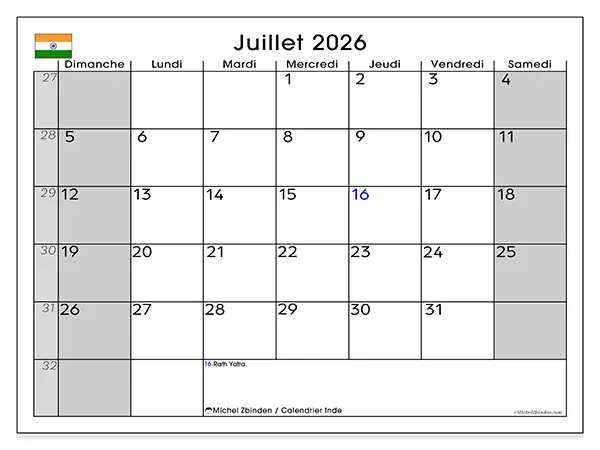 Calendrier juillet 2026 à imprimer - Inde