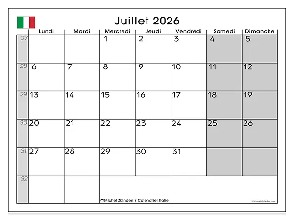 Calendrier juillet 2026 à imprimer - Italie