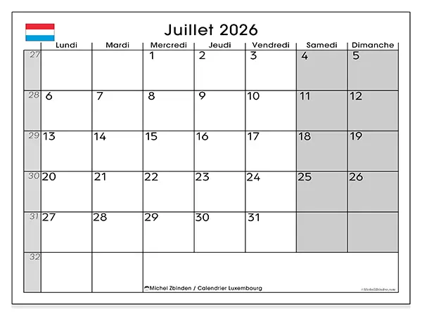 Calendrier juillet 2026 à imprimer - Luxembourg