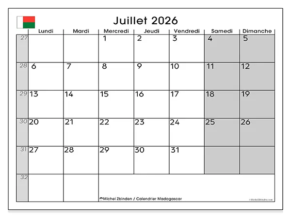 Calendrier juillet 2026 à imprimer - Madagascar