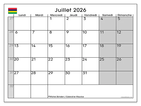 Calendrier juillet 2026 à imprimer - Maurice