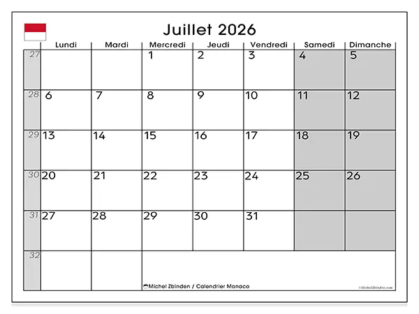 Calendrier juillet 2026 à imprimer - Monaco