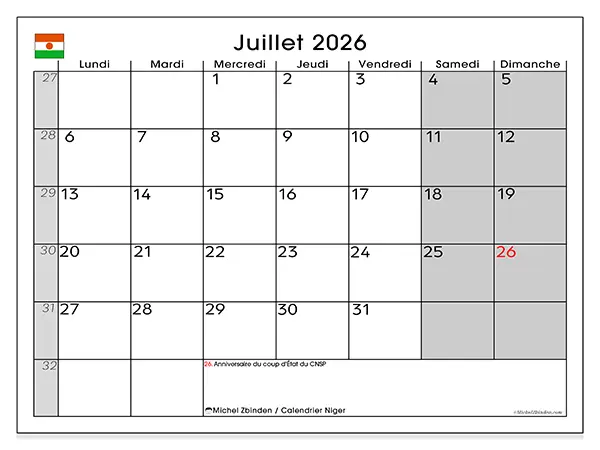 Calendrier juillet 2026 à imprimer - Niger