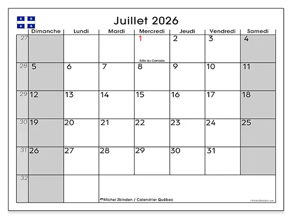 Calendrier juillet 2026 à imprimer - Québec