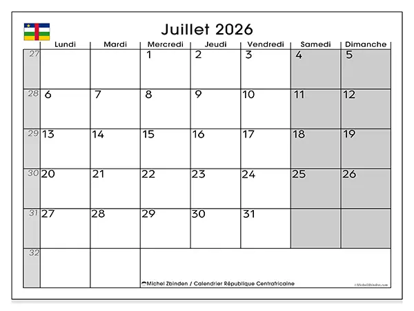 Calendrier juillet 2026 à imprimer - République centrafricaine