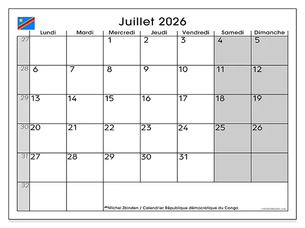 Calendrier juillet 2026 à imprimer - République démocratique du Congo