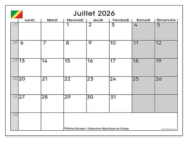 Calendrier juillet 2026 à imprimer - République du Congo