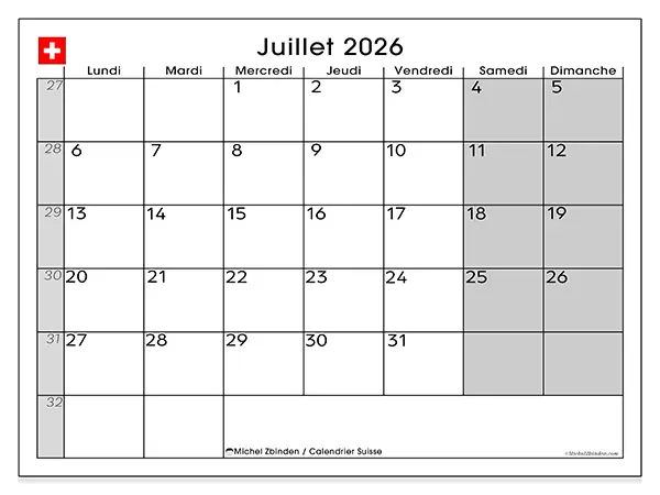 Calendrier juillet 2026 à imprimer - Suisse