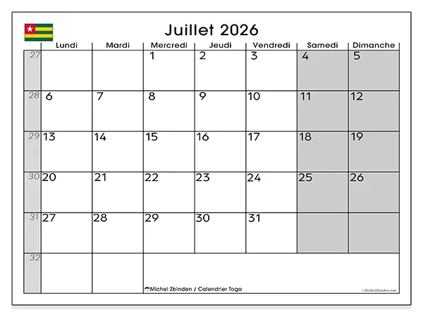 Calendrier juillet 2026 à imprimer - Togo