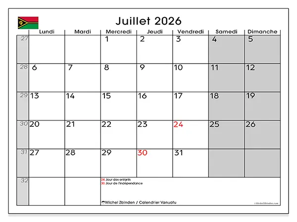 Calendrier juillet 2026 à imprimer - Vanuatu