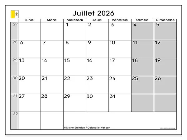 Calendrier juillet 2026 à imprimer - Vatican