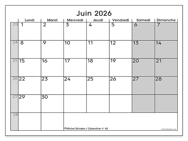 Calendrier juin 2026 à imprimer - Organisation parfaite