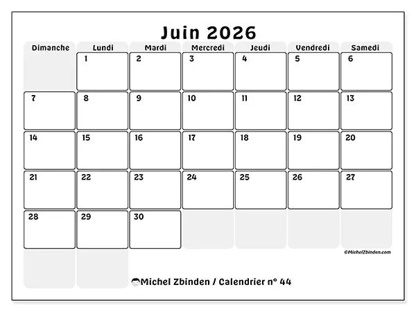 Calendrier juin 2026 à imprimer - Planning structuré - Semaine du dimanche au samedi