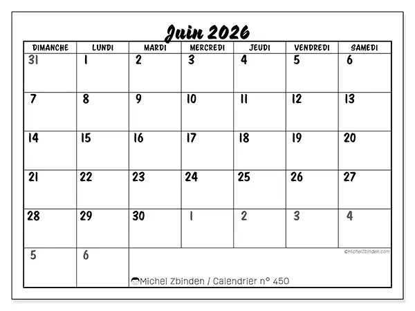 Calendrier juin 2026 à imprimer - Organisation détaillée - Semaine du dimanche au samedi