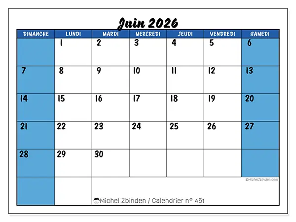 Calendrier juin 2026 à imprimer - Organisation dynamique - Semaine du dimanche au samedi