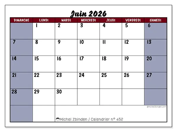 Calendrier juin 2026 à imprimer - Productivité en couleur - Semaine du dimanche au samedi