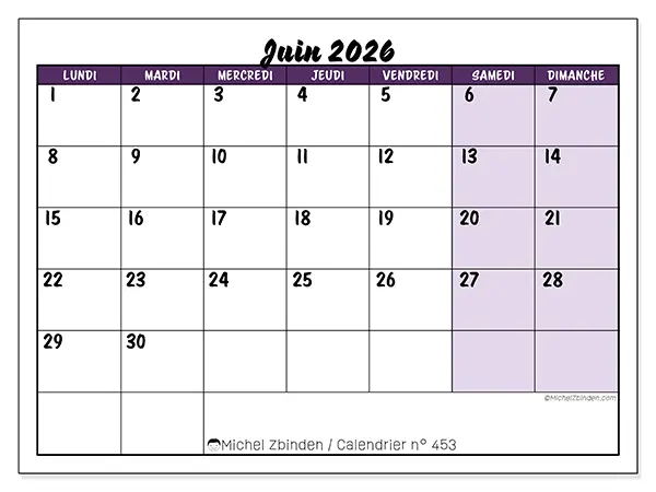 Calendrier juin 2026 à imprimer - Efficacité colorée