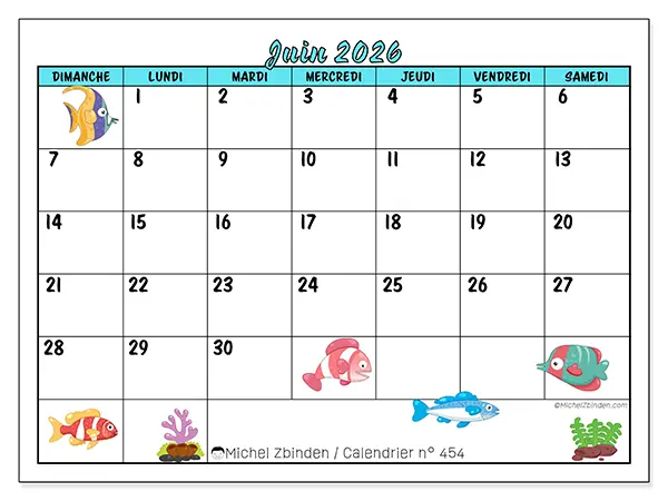 Calendrier juin 2026 à imprimer - Poissons colorés - Semaine du dimanche au samedi