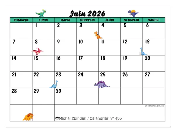 Calendrier juin 2026 à imprimer - Petits dinosaures - Semaine du dimanche au samedi