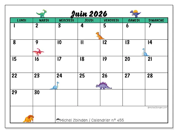 Calendrier juin 2026 à imprimer - Petits dinosaures