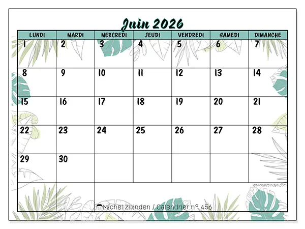 Calendrier juin 2026 à imprimer - Nature et jardin