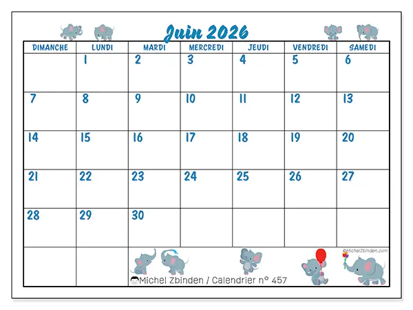 Calendrier juin 2026 à imprimer - Petits éléphants - Semaine du dimanche au samedi