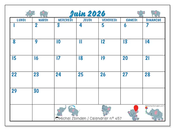 Calendrier juin 2026 à imprimer - Petits éléphants