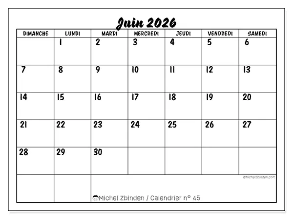 Calendrier juin 2026 à imprimer - Réussite scolaire - Semaine du dimanche au samedi