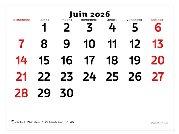 Calendrier juin 2026 à imprimer - Vision claire - Semaine du dimanche au samedi