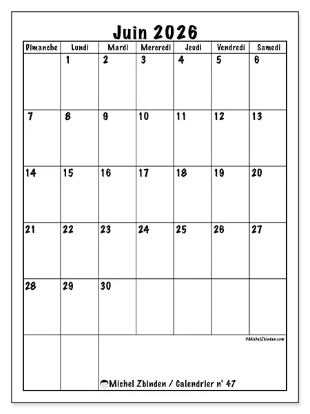 Calendrier juin 2026 à imprimer - Planning efficace - Semaine du dimanche au samedi