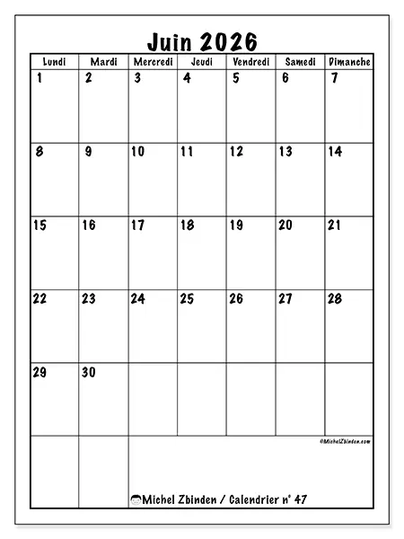Calendrier juin 2026 à imprimer - Planning efficace