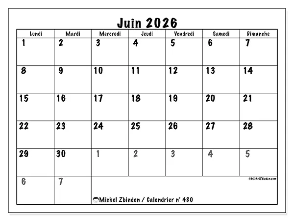 Calendrier juin 2026 à imprimer - Planification complète