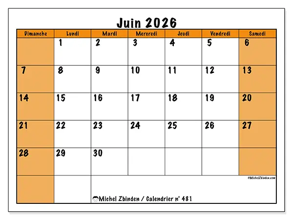 Calendrier juin 2026 à imprimer - Planning dynamique - Semaine du dimanche au samedi