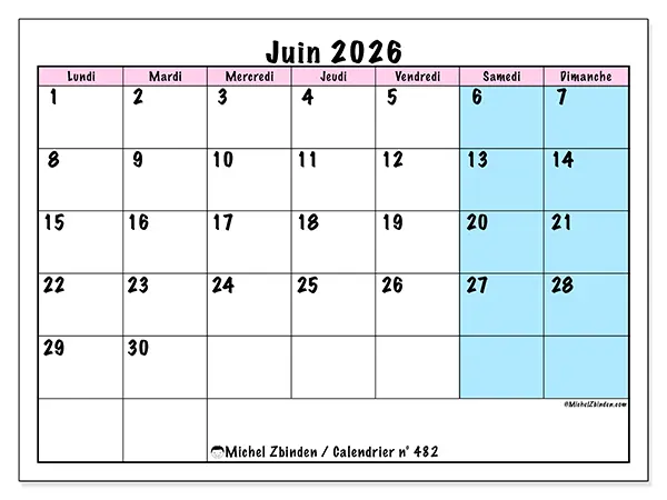Calendrier juin 2026 à imprimer - Horaire d’équipe