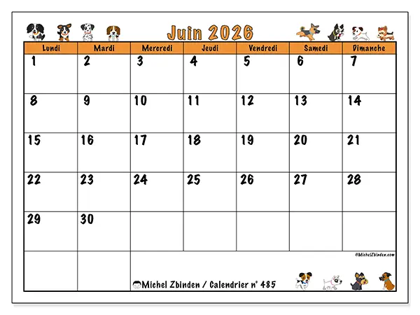Calendrier juin 2026 à imprimer - Chiens enthousiastes