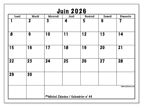 Calendrier juin 2026 à imprimer