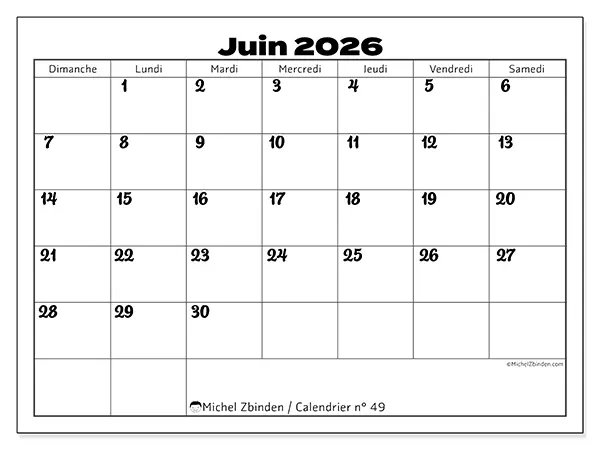 Calendrier juin 2026 à imprimer - Coordination productive - Semaine du dimanche au samedi