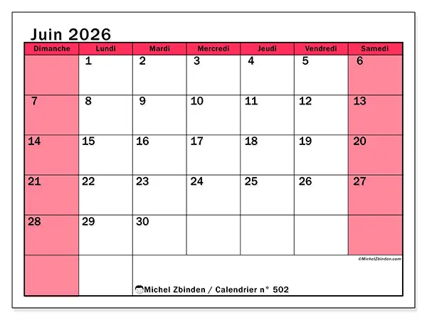 Calendrier juin 2026 à imprimer - Gestion lumineuse - Semaine du dimanche au samedi