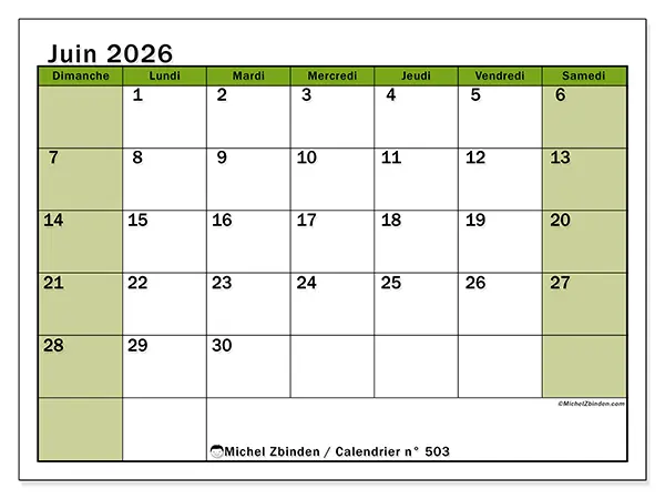 Calendrier juin 2026 à imprimer - Organisation vivante - Semaine du dimanche au samedi