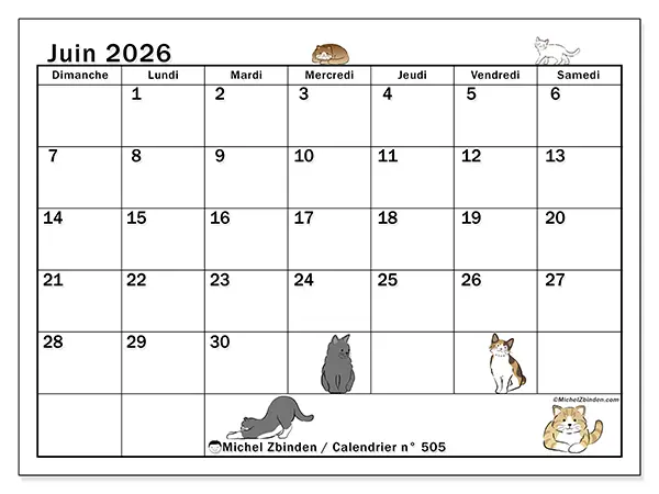 Calendrier juin 2026 à imprimer - Vie de chat - Semaine du dimanche au samedi