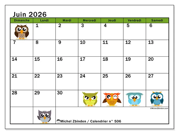 Calendrier juin 2026 à imprimer - Hiboux amusants - Semaine du dimanche au samedi